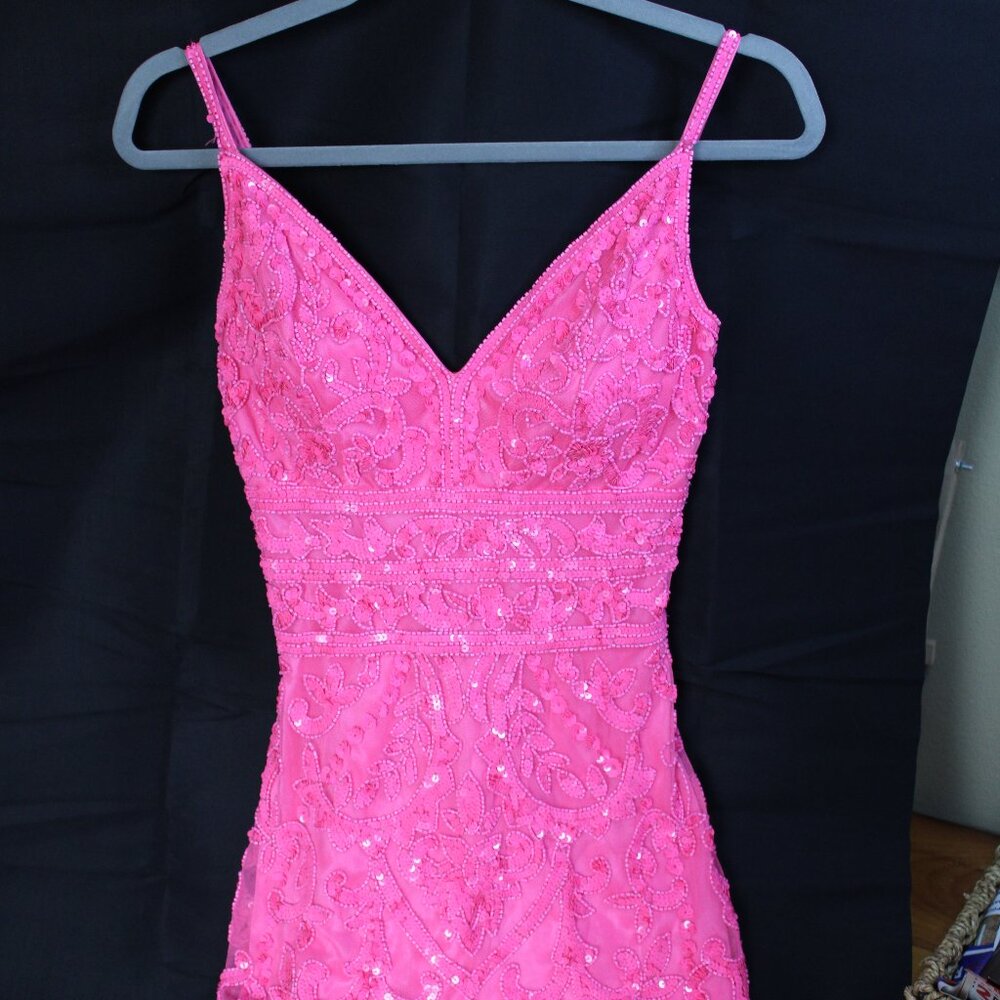 Hot Pink Sequin Lace Mini Dress with V-Neck and Spaghetti Straps